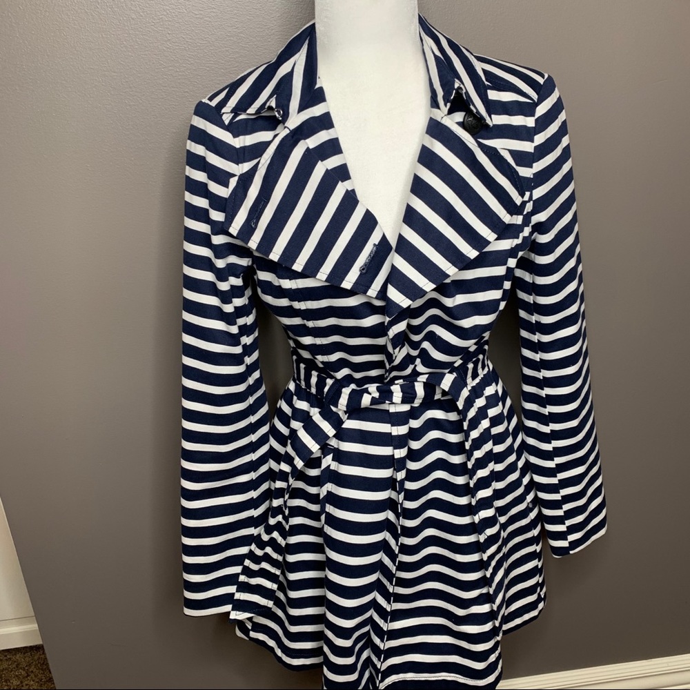 Navy blue white striped trench coat EXPRESS